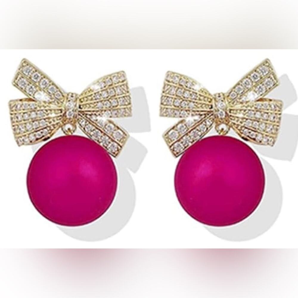 Gold Rhinestone Bow and Magenta Pearl Earrings